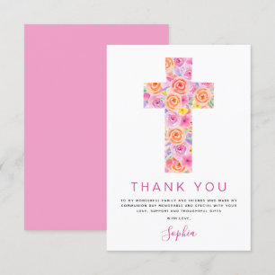 First Holy Communion Thank You Floral Pink Rose In Card