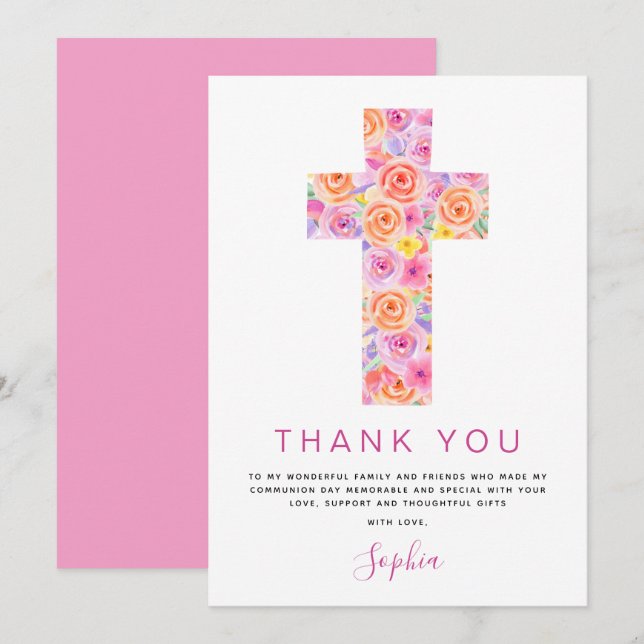 First Holy Communion Thank You Floral Pink Rose Invitation (Front/Back)