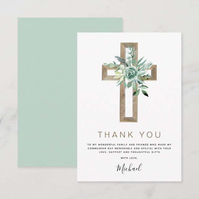 First Holy Communion Thank You Greenery Sage Invit Card (Front/Back)