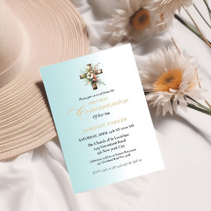 First holy communion watercolor blue splash invitation