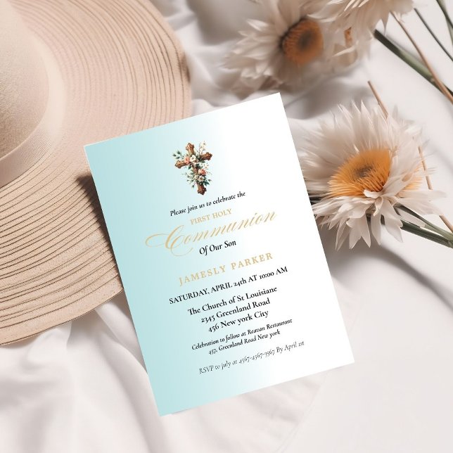 First holy communion watercolor blue splash invitation (Creator Uploaded)