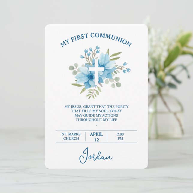 First Holy Communion Watercolor Floral And Cross Invitation (Standing Front)