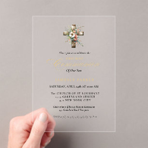 First holy communion watercolor Floral Cross Acrylic Invitations