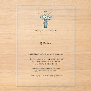 First holy communion watercolor Floral Cross Acrylic Invitations