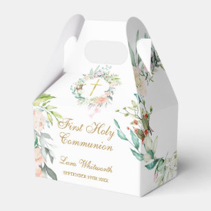 First Holy Communion Watercolor Floral Gold Script Favor Box