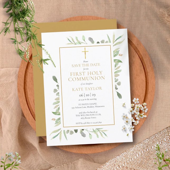 First Holy Communion Watercolor Greenery Save The Announcement Postcard (Creator Uploaded)