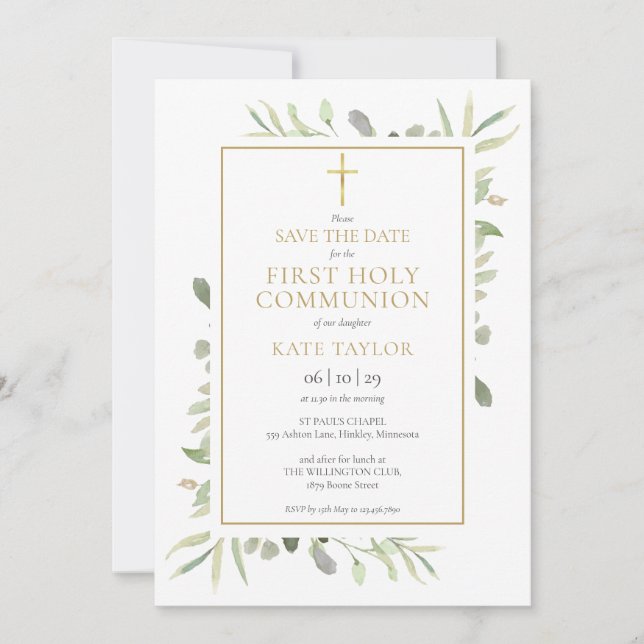 First Holy Communion Watercolor Greenery Save The Date (Front)