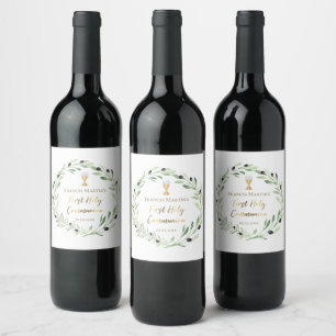 First Holy Communion watercolor olive wreath Wine Label