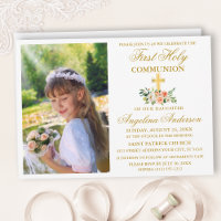 First Holy Communion Watercolor Peach Floral Gold