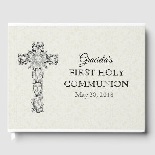 First Holy Communion White Lace Cross Host Guest Book