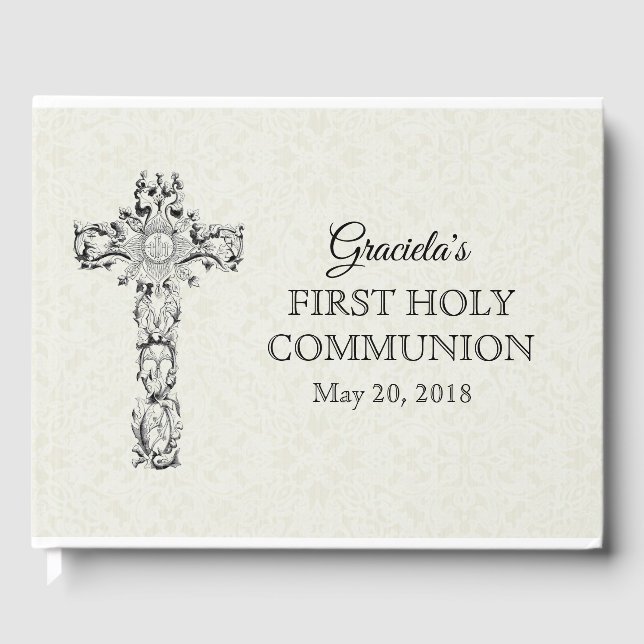 First Holy Communion White Lace Cross Host Guest Book (Front)