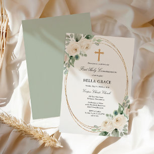First Holy Communion White Rose Floral Invitation