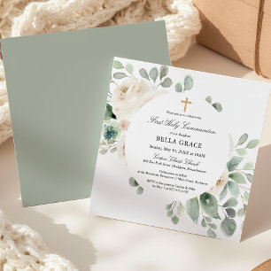 First Holy Communion White Rose Floral Square Invitation