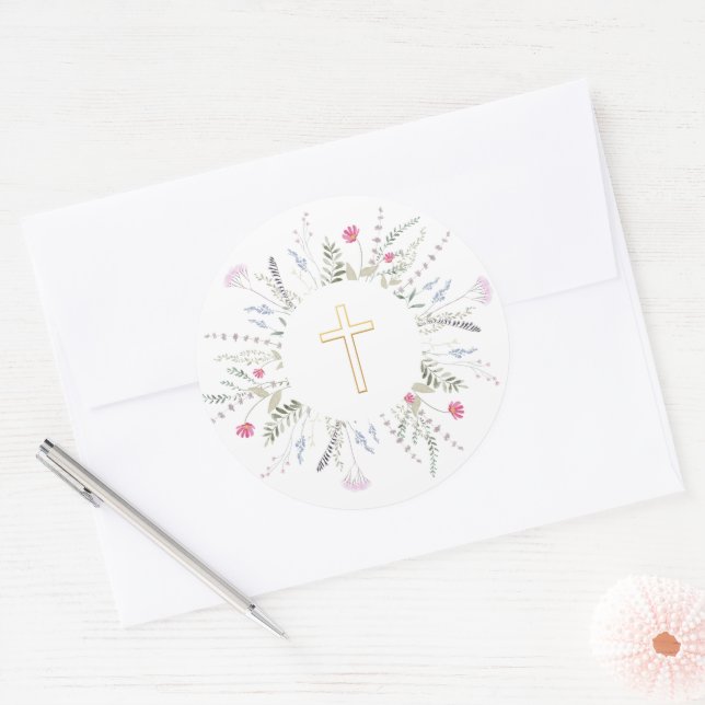 First Holy Communion wildflowers frame  Classic Round Sticker (Envelope)