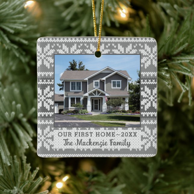 First Home Snowflake Sweater Photo Personalized Ceramic Ornament (Tree)