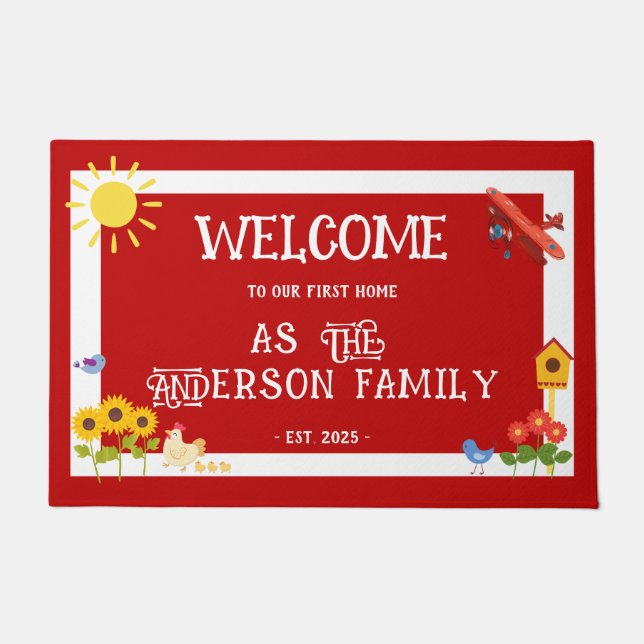 First Home Welcome Rustic Chicken Red White Doormat (Front)