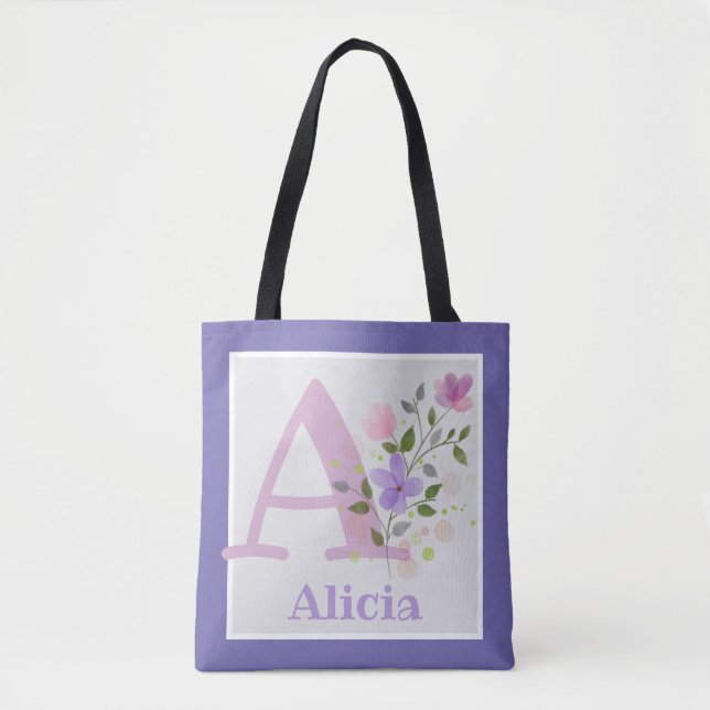 First Initial Plus Name Alicia with Flowers Tote Bag (Front)