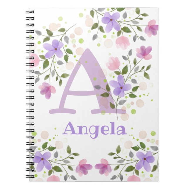 First Initial Plus Name Angela with Flowers Notebook (Front)