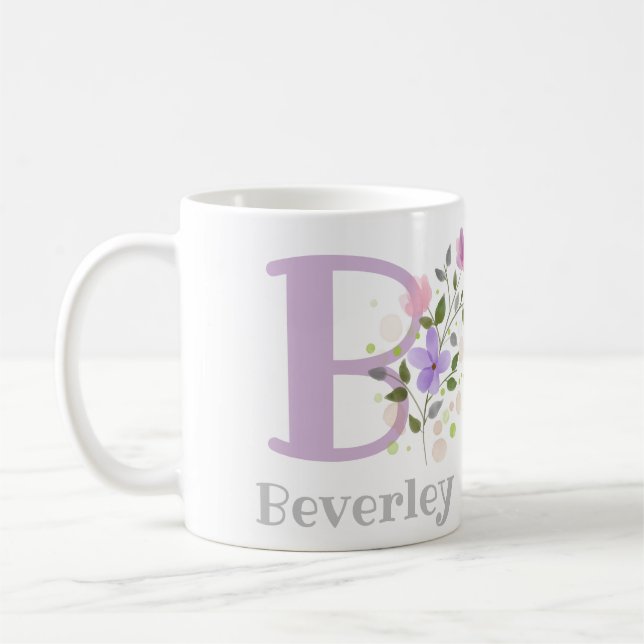 First Initial Plus Name Beverley with Flowers Coffee Mug (Left)