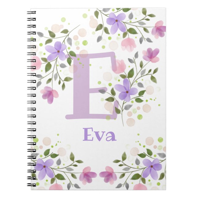 First Initial Plus Name Eva with Flowers Notebook (Front)