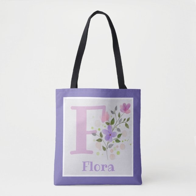 First Initial Plus Name Flora with Flowers Tote Bag (Front)