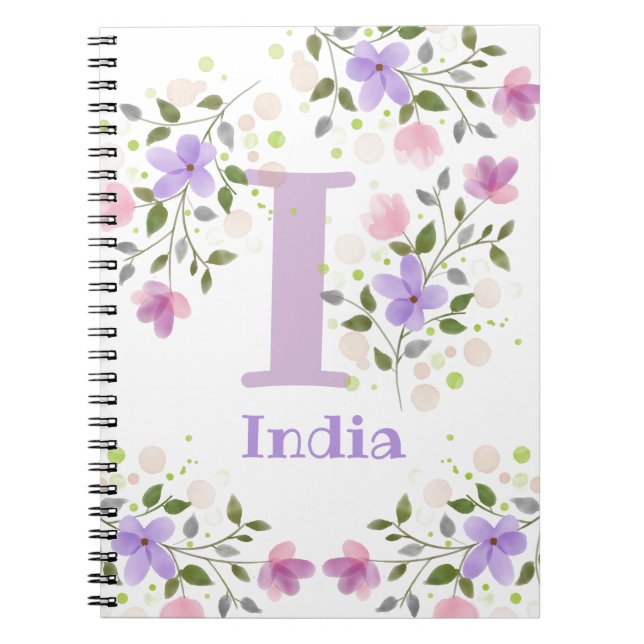 First Initial Plus Name India with Flowers Notebook (Front)
