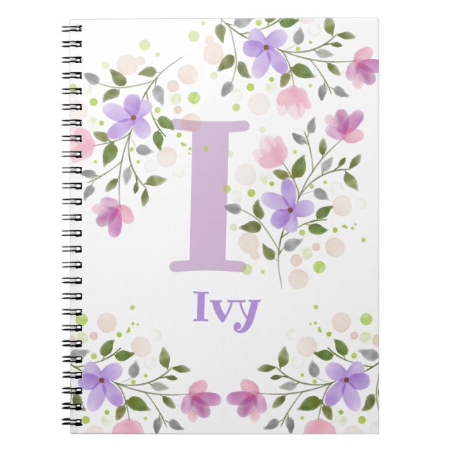 First Initial Plus Name Ivy with Flowers Notebook (Front)