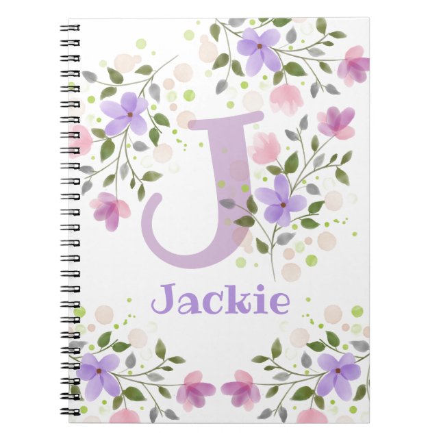 First Initial Plus Name Jackie with Flowers Notebook (Front)