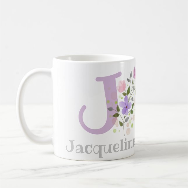 First Initial Plus Name Jacqueline with Flowers Coffee Mug (Left)