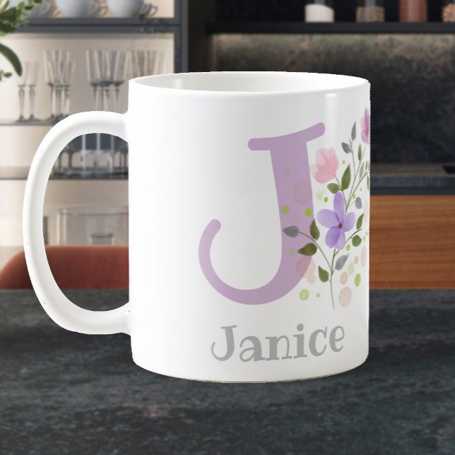 First Initial Plus Name Janice with Flowers Coffee Mug (Creator Uploaded)