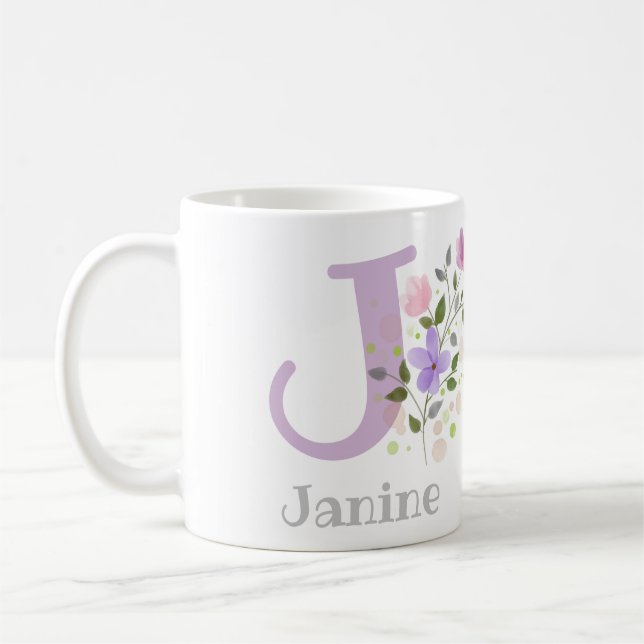 First Initial Plus Name Janine with Flowers Coffee Mug (Left)