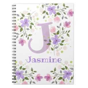 First Initial Plus Name Jasmine with Flowers Notebook