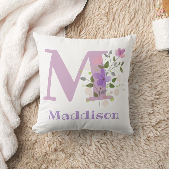 First Initial Plus Name with Flowers Throw Pillow (Blanket)