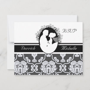 First Kiss Black and White  Wedding RSVP Card