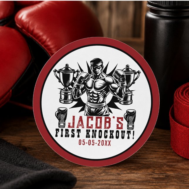 First Knockout Boxing Birthday Party Classic Round Sticker (First Knockout Boxing Birthday Party Classic Round Sticker)