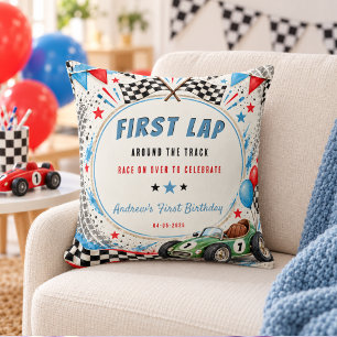 First Lap Around The Track Race Car 1st Birthday Throw Pillow