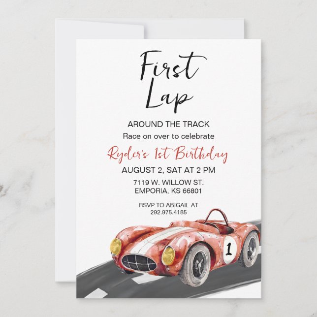 First Lap Race Car 1er Anniversaire Invitation (Devant)