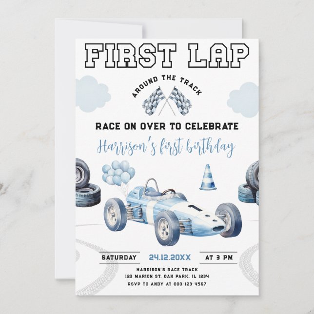 First Lap Race Car Around The Track 1st Birthday Invitation (Front)