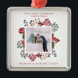 First Married Christmas Berries Photo Metal Ornament<br><div class="desc">A beautiful keepsake for the holidays - a Christmas ornament to commemerate your first Christmas as a married couple. This design features your favourite wedding photo in a frame surrounded by winter berries in red,  blue and brown. Editable personalized text is in red. Makes a great gift.</div>