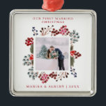 First Married Christmas Berries Photo Metal Ornament<br><div class="desc">A beautiful keepsake for the holidays - a Christmas ornament to commemerate your first Christmas as a married couple. This design features your favourite wedding photo in a frame surrounded by winter berries in red,  blue and brown. Editable personalized text is in red. Makes a great gift.</div>
