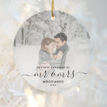 First Married Christmas Custom Photo Black Script Ceramic Ornament<br><div class="desc">Commemorate the first Christmas of your marriage with this beautiful modern keepsake ornament. The black text reads "Our first Christmas as Mr & Mrs, " with the words "Mr & Mrs" in elegant handwriting script with flourishes before and after. Replace the sample image with your favorite photo, and add your...</div>