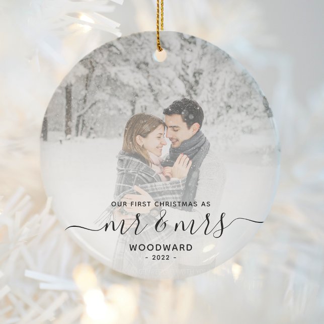 First Married Christmas Custom Photo Black Script Ceramic Ornament (Creator Uploaded)