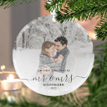 First Married Christmas Custom Photo Gray Script Glass Ornament<br><div class="desc">Commemorate the first Christmas of your marriage with this beautiful modern keepsake ornament. The charcoal gray text reads "Our first Christmas as Mr & Mrs, " with the words "Mr & Mrs" in elegant handwriting script with flourishes before and after. Replace the sample image with your favorite photo, and add...</div>