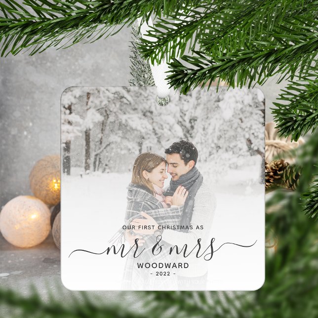 First Married Christmas Custom Photo Gray Script Metal Ornament (Creator Uploaded)