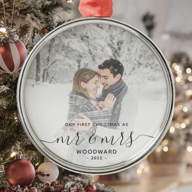 First Married Christmas Custom Photo Gray Script Metal Ornament (Creator Uploaded)