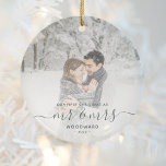 First Married Christmas Custom Photo Green Script Ceramic Ornament<br><div class="desc">Commemorate the first Christmas of your marriage with this beautiful modern keepsake ornament. The dark pine needle green text reads "Our first Christmas as Mr & Mrs, " with the words "Mr & Mrs" in elegant handwriting script with flourishes before and after. Replace the sample image with your favourite photo,...</div>