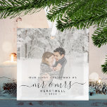 First Married Christmas Custom Photo Grey Script Glass Ornament<br><div class="desc">Commemorate the first Christmas of your marriage with this beautiful modern keepsake ornament. The charcoal grey text reads "Our first Christmas as Mr & Mrs, " with the words "Mr & Mrs" in elegant handwriting script with flourishes before and after. Replace the sample image with your favourite photo, and add...</div>
