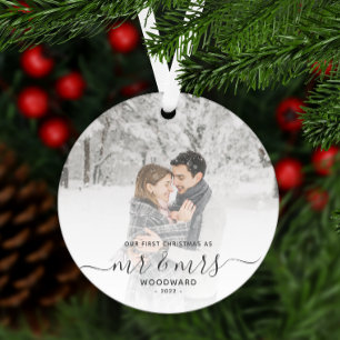 First Married Christmas Custom Photo Grey Script Metal Ornament