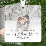First Married Christmas Custom Photo Grey Script Metal Ornament<br><div class="desc">Commemorate the first Christmas of your marriage with this beautiful modern keepsake ornament. The charcoal grey text reads "Our first Christmas as Mr & Mrs, " with the words "Mr & Mrs" in elegant handwriting script with flourishes before and after. Replace the sample image with your favourite photo, and add...</div>