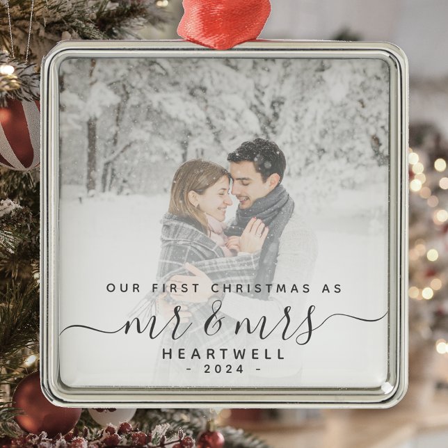 First Married Christmas Custom Photo Grey Script Metal Ornament (Creator Uploaded)